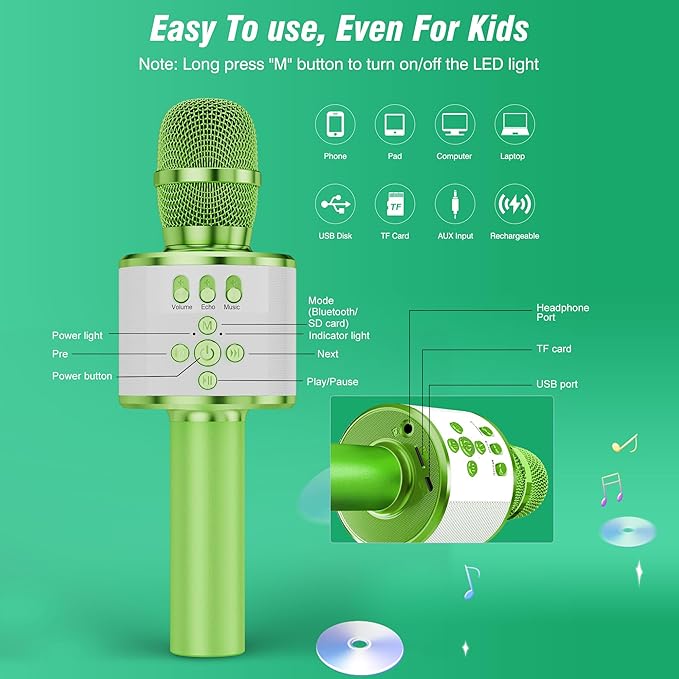 BONAOK Karaoke Microphone for Kids & Adults - Bluetooth Microphones Singing Mic with Disco Lights, Echo Effect, Built-in Speaker Portable Karaoke Player for Party Travel Gifts Q78(Green)
