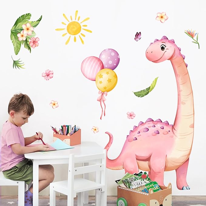 Large Pink Dinosaur Wall Decals Cartoon Dino Balloon Flower Wall Stickers Peel and Stick Wall Art Decor for Girls Baby Nursery Kids Bedroom Playroom Classroom Toddlers Wall Decor