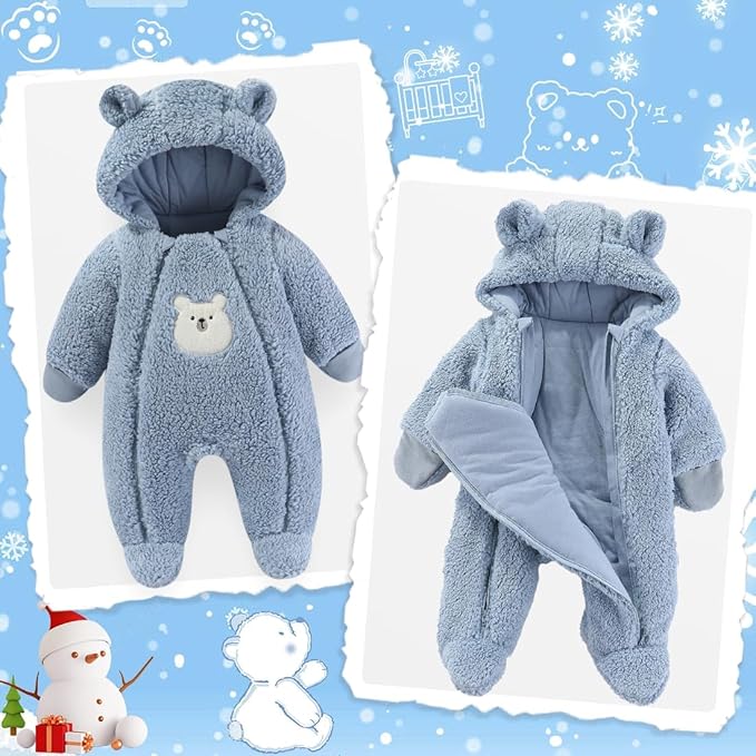 Fairy Baby Newborn Baby Winter Snowsuit Bear Thick Romper Footie Double Zip Hooded Jumpsuit Fleece Coat Infant Boy Girl 0-12M
