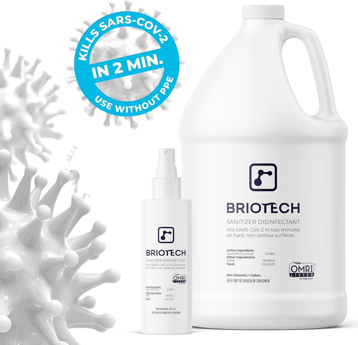 BRIOTECH Sanitizer Disinfectant Hypochlorous Spray, Kill 99.99% of Viruses & Bacteria, Control Mold, Eliminate Odor, Gentle for Nursery & Play Rooms, Food Contact Surface Sanitizer, 4 fl oz (2 Pack)