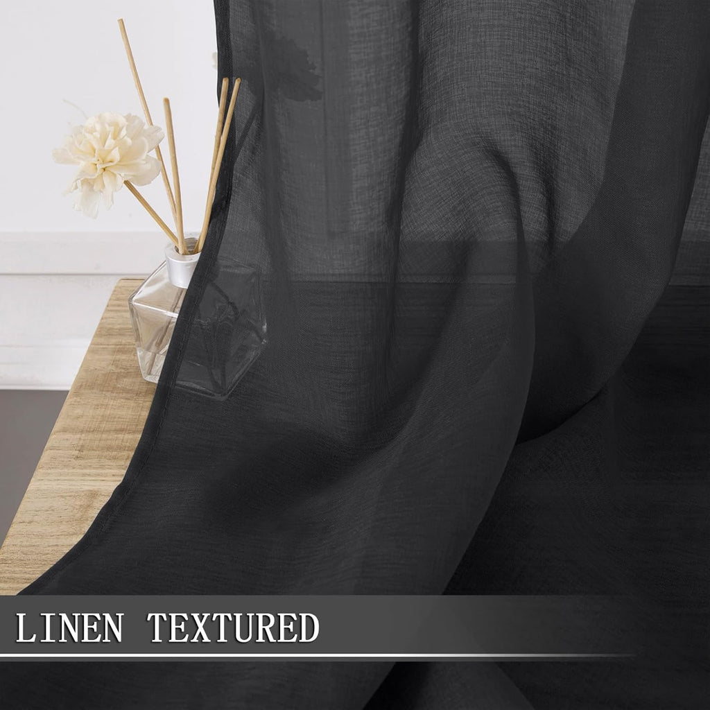 Tollpiz Sheer Curtains Bedroom Linen Textured Curtain Sheers Light Filtering Voile Rod Pocket Curtains for Living Room, 38 x 84 inches Long, Black, Set of 2 Panels