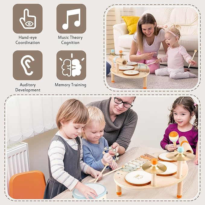 Drum Set - 9 in 1 Musical Instruments for for Toddlers 3+, Wooden Montessori Toys for Boy & Girls Easter Birthday Gifts, Musical Drum Set with Xylophone for Kids 3 4 5 6