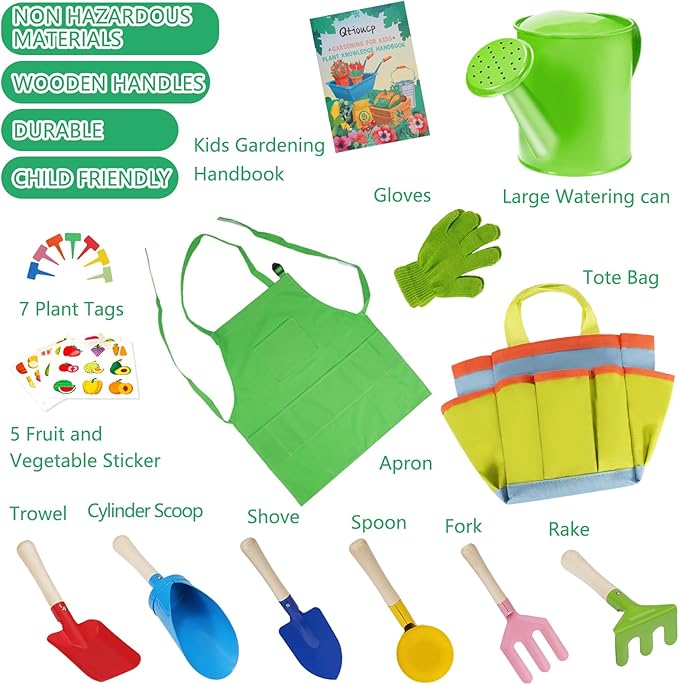 Kids Gardening Set 14Pcs Gardening Tools for Kids with Tote Bag,Watering Can, Shovel, Apron, Garden Book and More Educational STEM Learning Outdoor for Toddlers Boys Girls (Green)