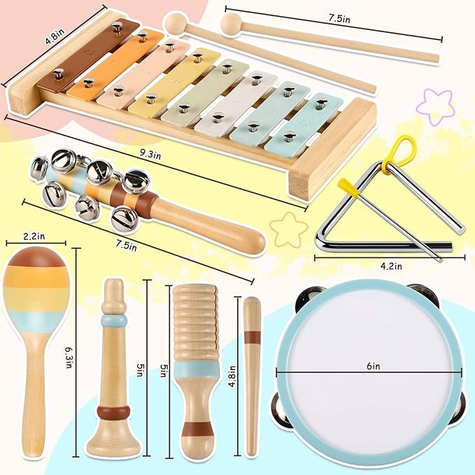 LOOIKOOS Baby Musical Instruments,Montessori Wooden Toys for Toddlers 1-3 Preschool Educational Neutral Colors Percussion Instruments Set with Modern Boho Xylophone for Kids
