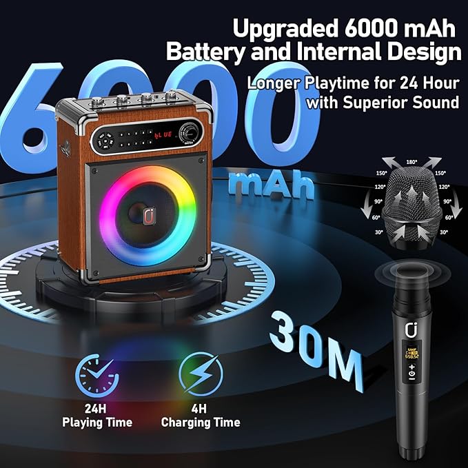 Karaoke Machine with 2 Wireless Microphones,【Upgraded 6.5"Woofer & 2"Tweeter】Portable Bluetooth 5.3 Karaoke Speaker, PA System with Bass/Treble/Echo Adjustment, Supports USB/AUX/TF/TWS for Home Party