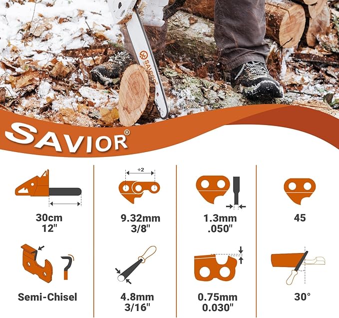 Savior 3PC 12 Inch Chainsaw Chain for Greenworks 40V 20262 20292 Chainsaw, 12" Replacement Chain for Sun Joe SWJ698E 9A Chain Saw - 3/8" - .050" - 45 DL
