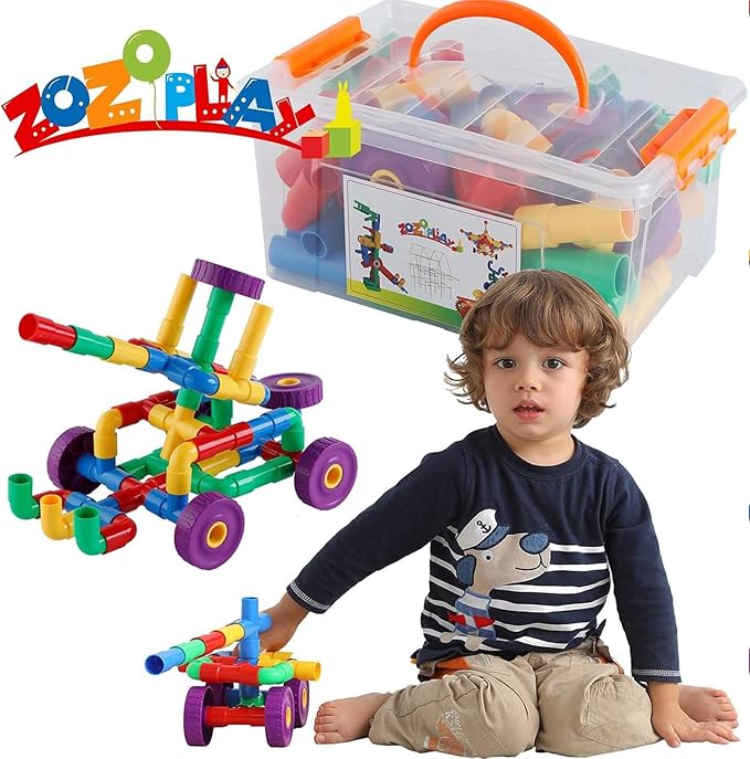 ZOZOPLAY STEM Learning Toy Tubular Pipes & Spouts & Joints 64 Piece Build Bicycle, Tank, Scootie, Moter Skills Endless Designs Educational Building Blocks Set for Kid Ages 3+ Multicolor