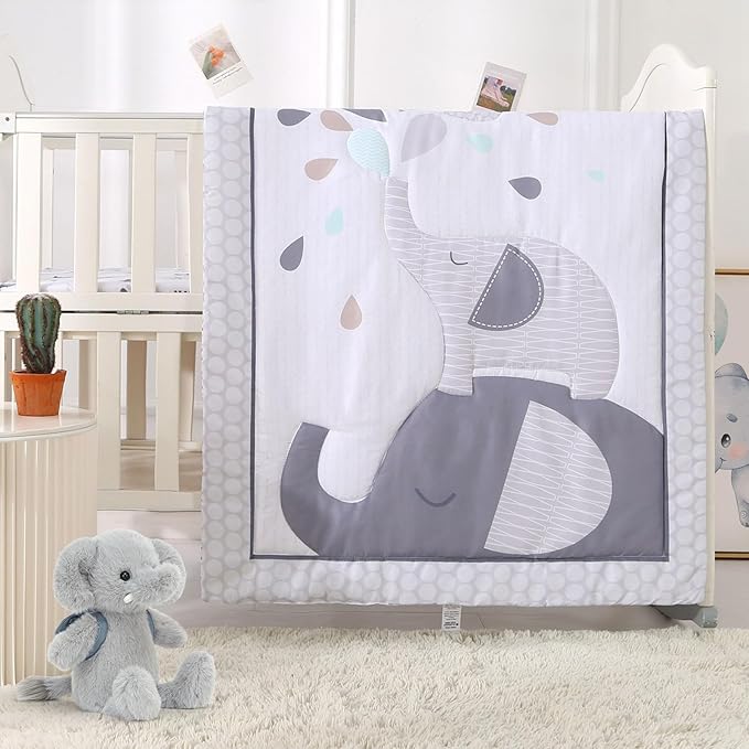 Wowelife Elephant Crib Bedding Set for Boys, Premium 3-Piece Baby Bedding Set, Elephant, Gray Crib Bed Sets, Newborn, Infant, Nursery Bed Set with Crib Sheet, Ruffle Comforter
