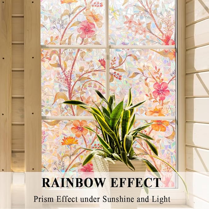 Stained Glass Window Film Static Cling Door Privacy Film Decorative Flowers Red Leaves Window Decals Stickers Heat Control Anti UV for Home and Office,23.6 inches by 118 inches