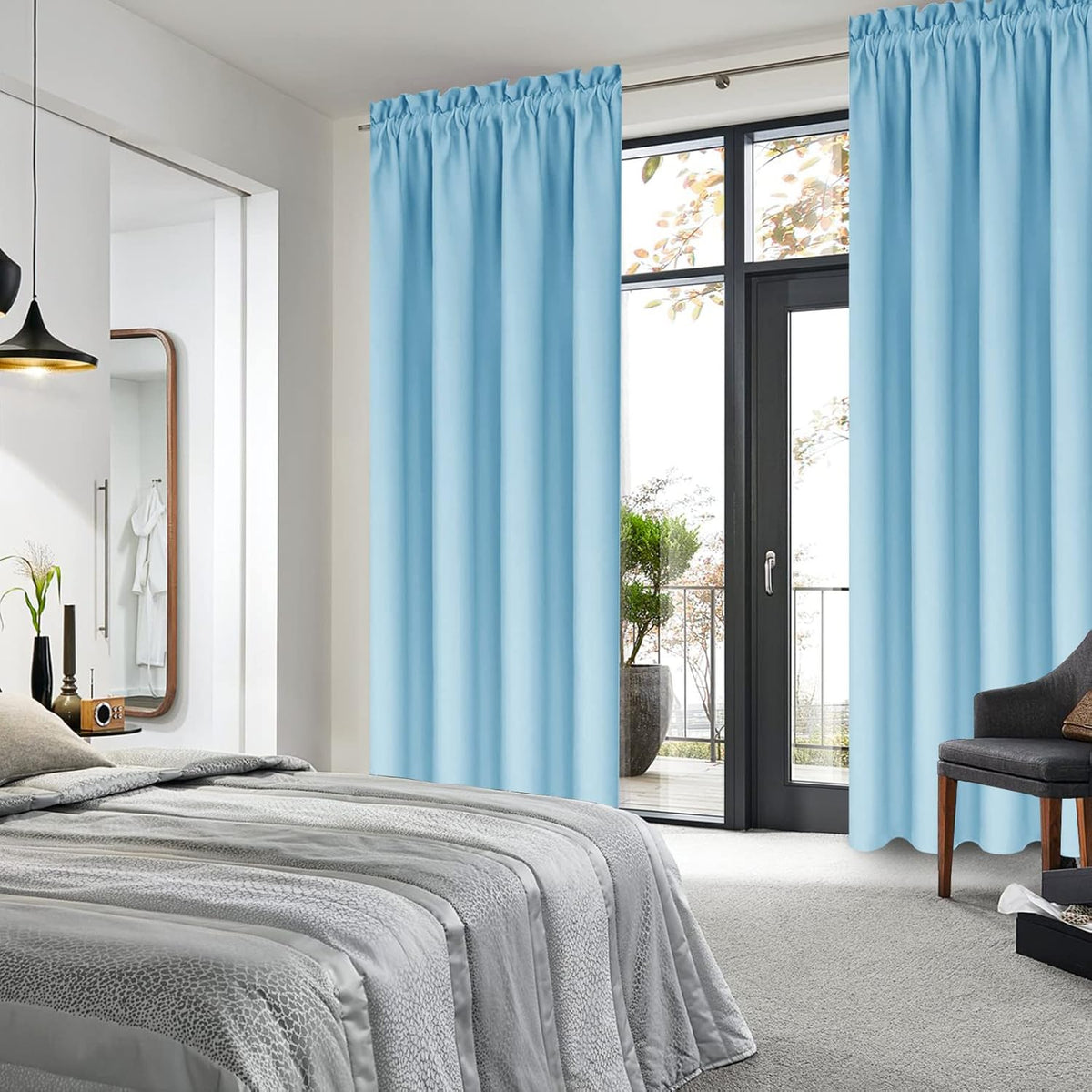 DWCN Blackout Curtains for Bedroom – Thermal Insulated Energy Saving Drapes for Living Room, Light Blue, W 38 x L 84 Inch, Set of 2 Rod Pocket Curtain Panels