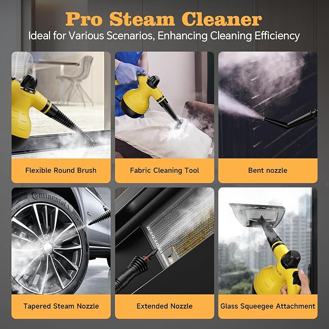 Steam Cleaner, Handheld Steam Cleaner, Steam Cleaner for Home with 16 Accessories and Automatic Steam Switch, Steamer for Cleaning Home, Living Room, Kitchen, Bathroom, Car (Yellow)