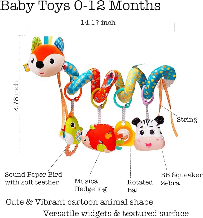 Baby Car Seat Toys, Infants Activity Spiral Plush Toys for Babies 0-6 Months Hanging Stroller Toy Gift for Infant Boys and Girls 0 3 6 12 Months Newborn Sensory Toy with Rattles Squeaker Music - Fox