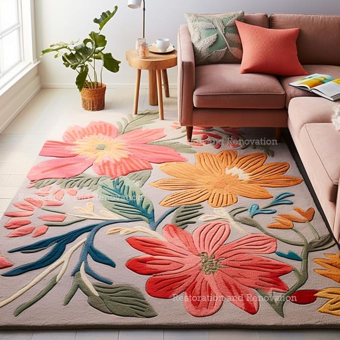 Handmade Wool Floral Area Rug for Living Room | Elegant Flower Garden Design, Soft, Thick and Durable | Bedroom, Dining Room & Home Decor Carpet (6' Round, Floral A)