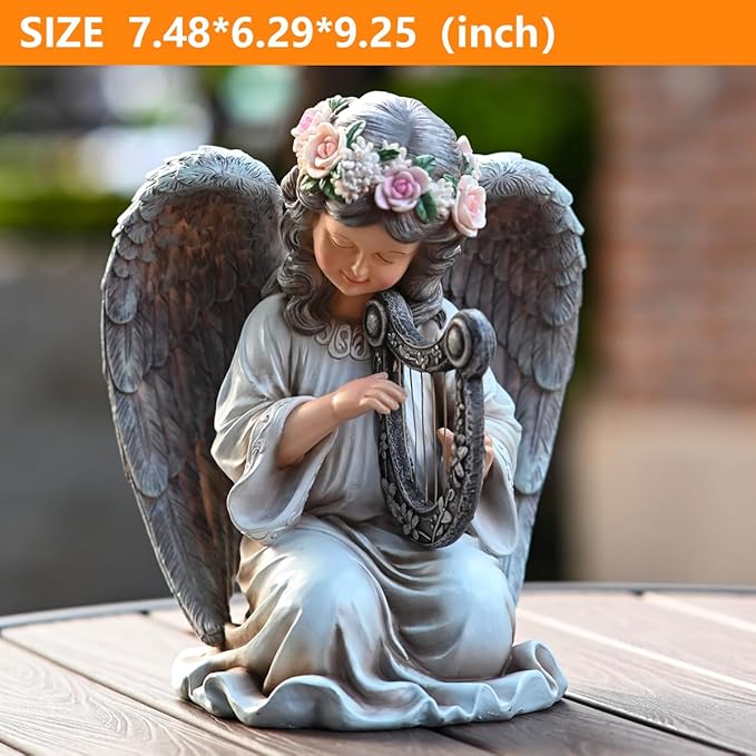 Solar Garden Outdoor Statues Lights, Resin Angel Figurine Light for Patio, Balcony, Yard, Lawn Ornament, Unique Housewarming Gifts and Yard Decor (Angel Plays)