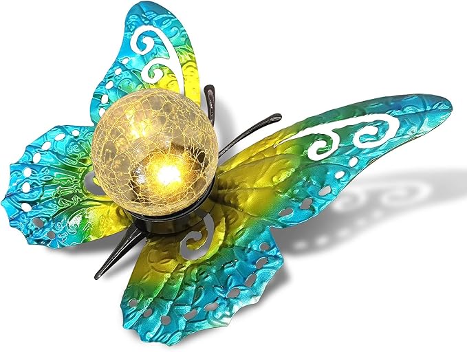 Solar Lights Outdoor Garden Butterfly Decor, Metal Butterfly Statue Decoration with LED Crackle Glass Globe, Solar Powered Lighted Garden Art Decor for Patio Lawn Yard Pathway Tabletop Ground
