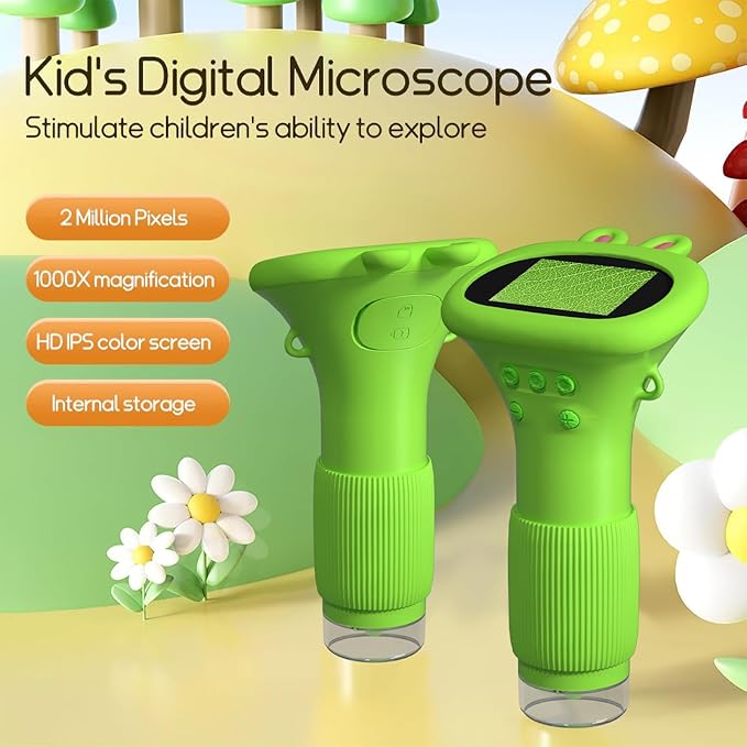 Kids Microscope Pocket Microscope -1000X Portable Microscope for Kid | Photo and Video Mini Microscopes | 2'' Digital Little Scientist Microscopes for 3-10 Age Years Old Boys Girls Toys Gifts (Green)