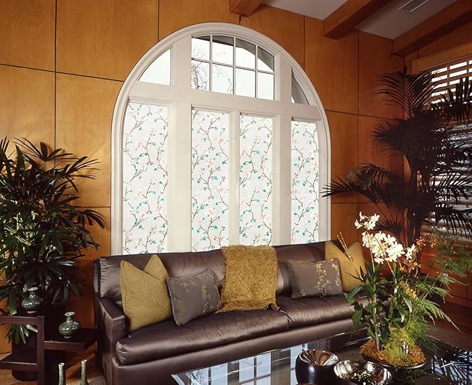 VSUDO Static Cling Decorative Window Privacy Film – Frosted Privacy Window Film with Jasmine Floral & Stained Glass Design, Adhesive-Free Tint for Home, Bathroom & Office (17.5" x 118.1")