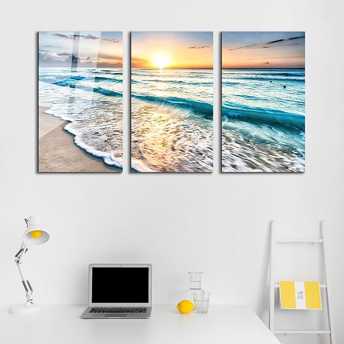 SpiritualHands Sea beach ocean white sand Tempered Glass Wall Art Painting for Living Room, Tempered Glass Modern Prints Decor, Large Vivid Color Panel for Bedroom, Kitchen, or Office