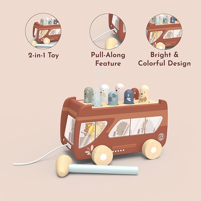Speedy Monkey Bus Pounding Bench, Pull-Along Bus with Hammering Activity, 8 Wooden Characters, Enhances Hand-Eye Coordination, Safe Design, Non-Toxic Paint, Educational Toy for Kids 2-5 Years