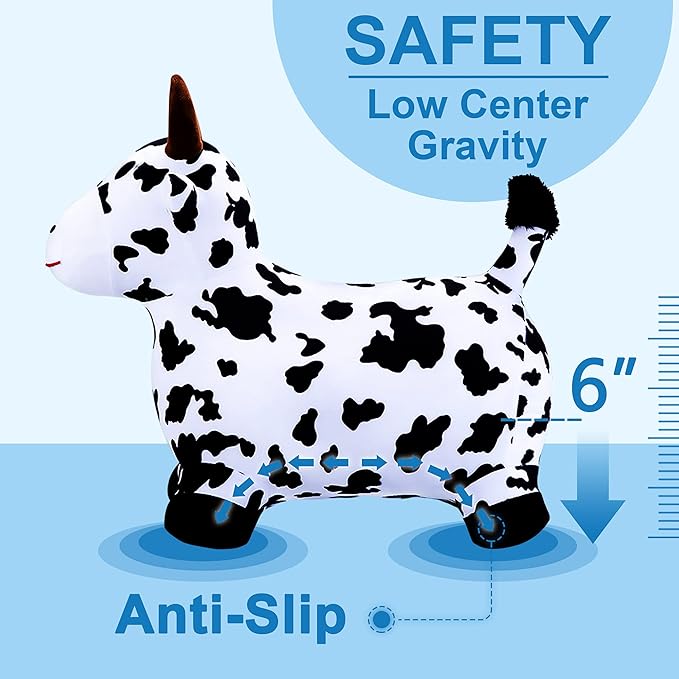 iPlay, iLearn Bouncy Pals Hopping Cow Horse, Toddler Girl Boy Inflatable Bouncing Animal Hopper Toy, Outdoor Indoor Plush Ride on Bouncer, Baby Birthday Gift 18 Month 2 3 4 Year Old Kid - Cow