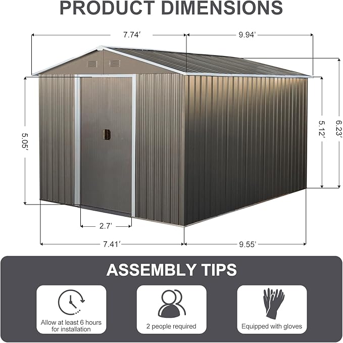 8x10 FT Outdoor Storage Shed, Metal Garden Shed with Frame Floor, Outside Tool Shed with Lockable Sliding Doors, Waterproof Storage Building with Sloped Roof for Backyard, Patio, Lawn, Gray