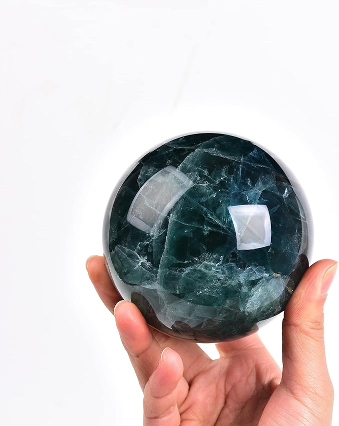 JIC Gem Big Green Fluorite Crystal Ball Sphere Decorative Ball with Wooden Stand for Meditation、Fengshui、Home Decors Healing Crystal Ball (90-100mm)