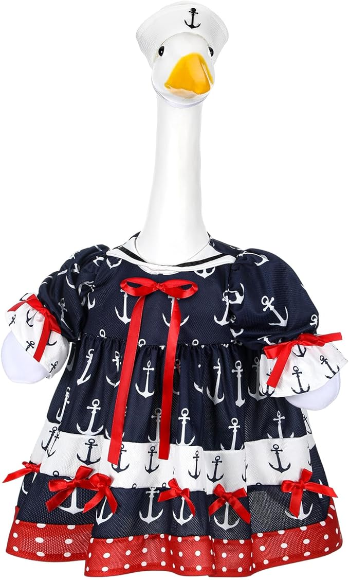 Summer Porch Goose Outfit Nautical Party Sailor Goose Clothes for 23" High Cement or Plastic Geese Costume Cruise Dresses for Yard Lawn Outdoor Garden Patio Anchor Ocean Holiday Beach Decor