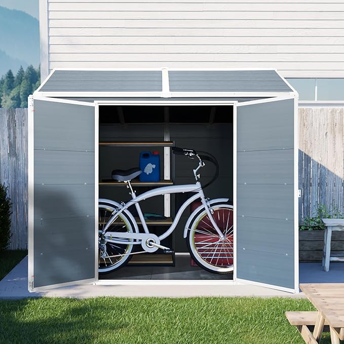 8x6 FT Outdoor Storage Shed, Resin Garden Shed with Thick Floor, Plastic Storage Shed with 2 Windows, Waterproof Outside Tool Shed with Lockable Hinged Doors for Backyard, Patio, Lawn, Light Gray