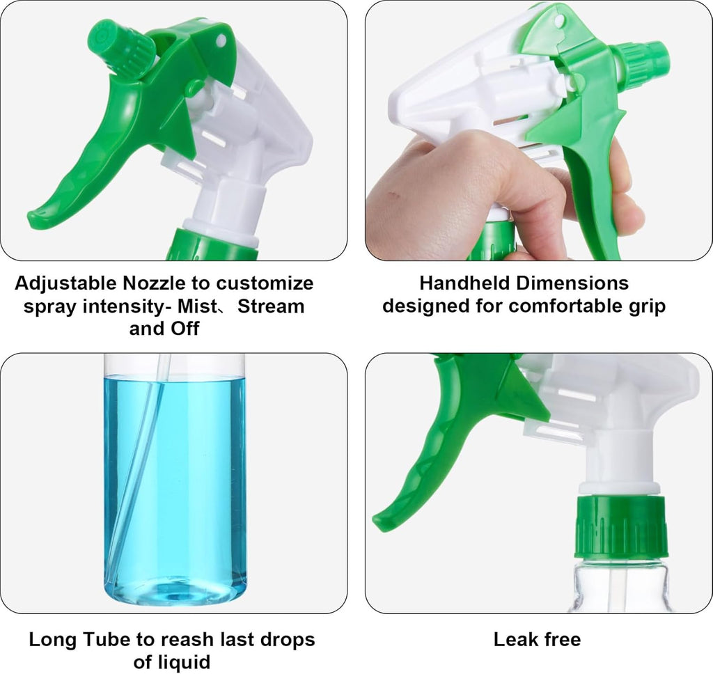 Eccliy 12 Pcs 16 Oz Plastic Spray Bottle, Adjustable Empty Reusable Sprayer for Cleaning, Planting, Water, Bathroom and Kitchen, BBQ, Commercial and Residential(Green&white,Clear)