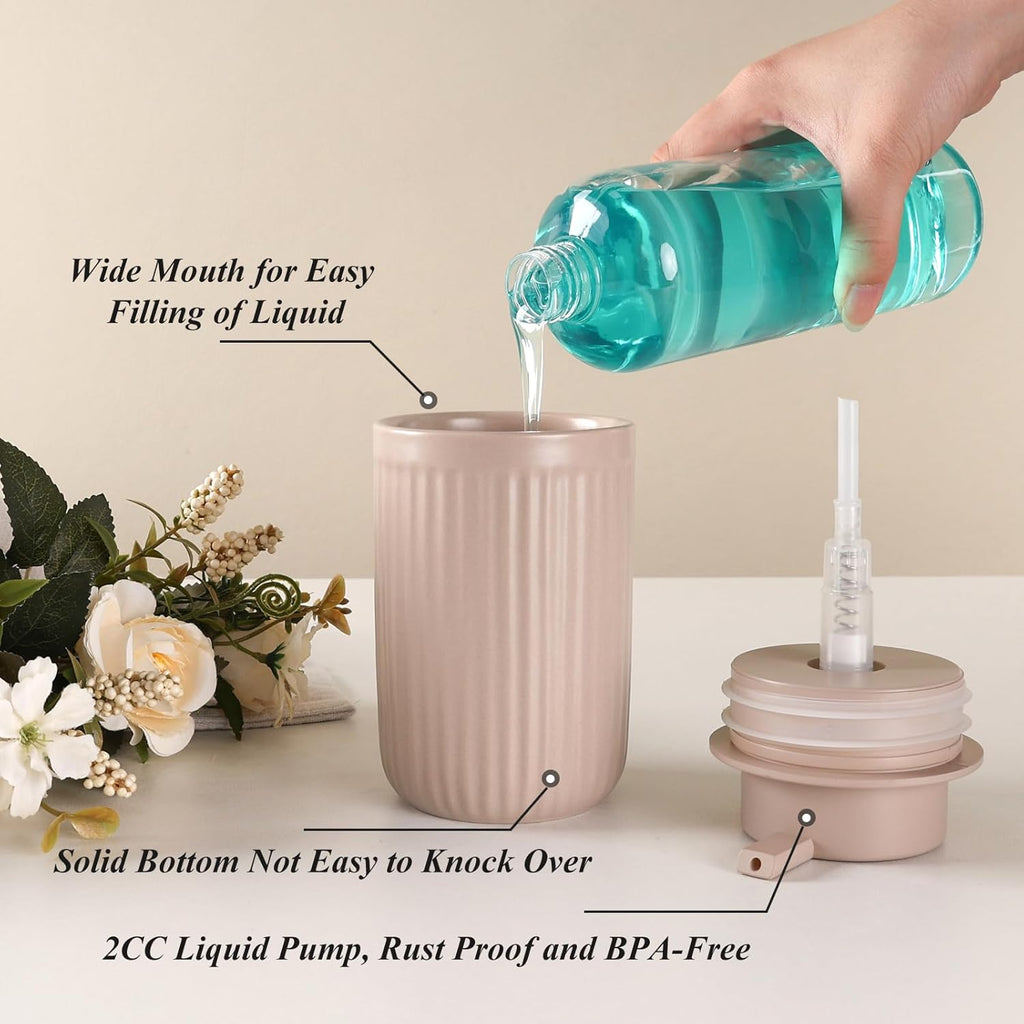 BosilunLife Dish Hand Soap Dispenser - Khaki Liquid Pump Soap Dispenser for Bathroom Decro 12oz Ceramic Kitchen Dish Dispenser with Rust-Proof Liquid Pump Modern Refillable Lotion Bottles