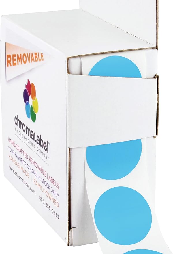 ChromaLabel 1 Inch Round Label Removable Color Code Dot Stickers, 1000 Labels per Dispenser Box, Light Blue