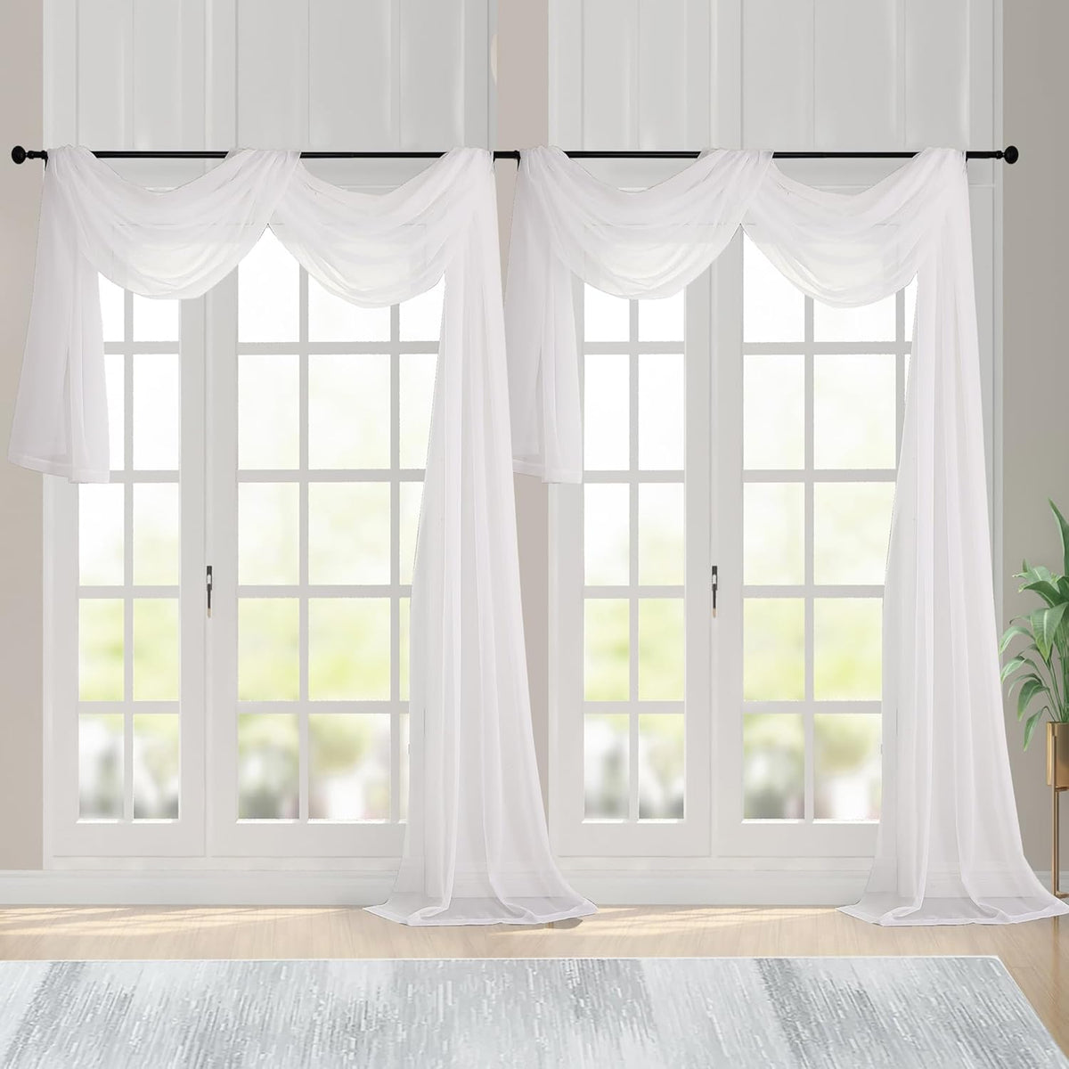 Chyhomenyc Extra Long Ivory Sheer Curtains 144 inch 2 Panels, Translucent Backdrop Window Scarf Drapes for Canopy Bed/Wedding/Living Room/Anniversary, 12FT Length, Each 59Wx144L in, 2PCS