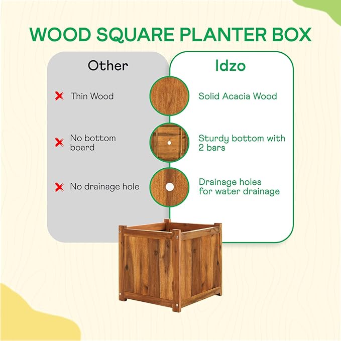 IDZO Acacia Wood Flower Planter Box for Outdoor Plants, 1pc Wooden Raised Garden Bed with Handles, Drainage Holes, Ideal for Garden and Home Décor, Light Cherry