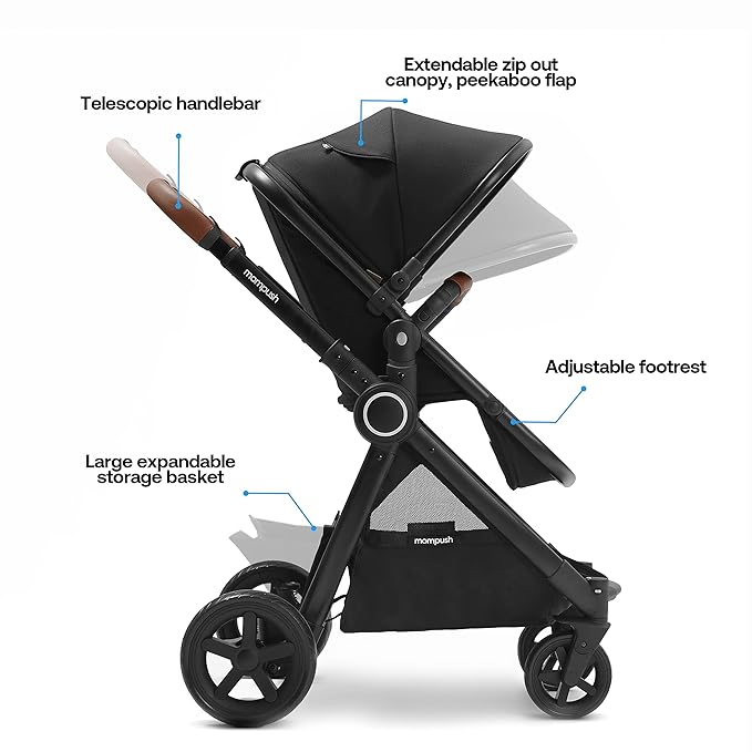 Mompush Ultimate2 Baby Stroller, Premium Convertible Full-Size Stroller for Toddler, Reversible Seat with One Hand Recline Adjustment, Car Seat Adapter Included