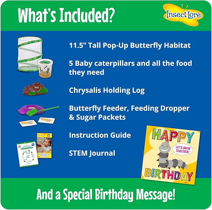 Insect Lore Butterfly Garden with Giant Birthday Card - 5 Live Baby Caterpillars, STEM Activity Journal, Habitat, Chrys-A-Lid Holder, Feeder - Raise and Release Painted Lady Butterflies