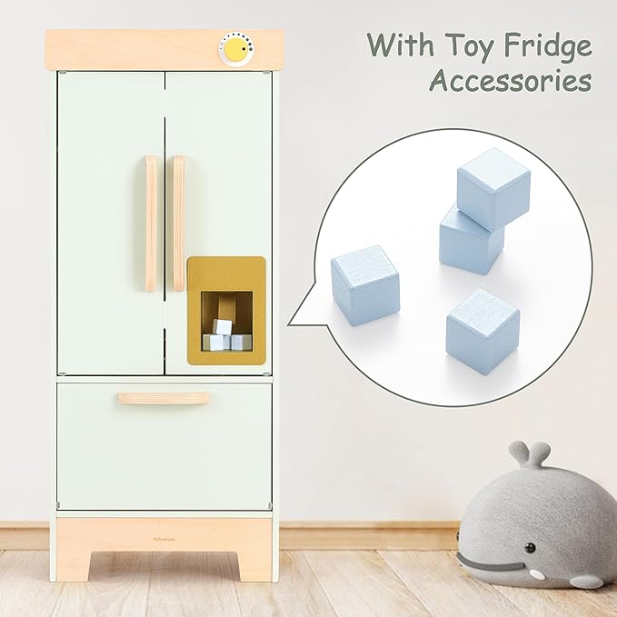 Wooden Play Refrigerator with Ice Maker – Mint Green Kids Fridge Toy, 4 Wooden Ice Cubes & Cup, Quiet Click Handle, Montessori Pretend Play for Toddlers 3+