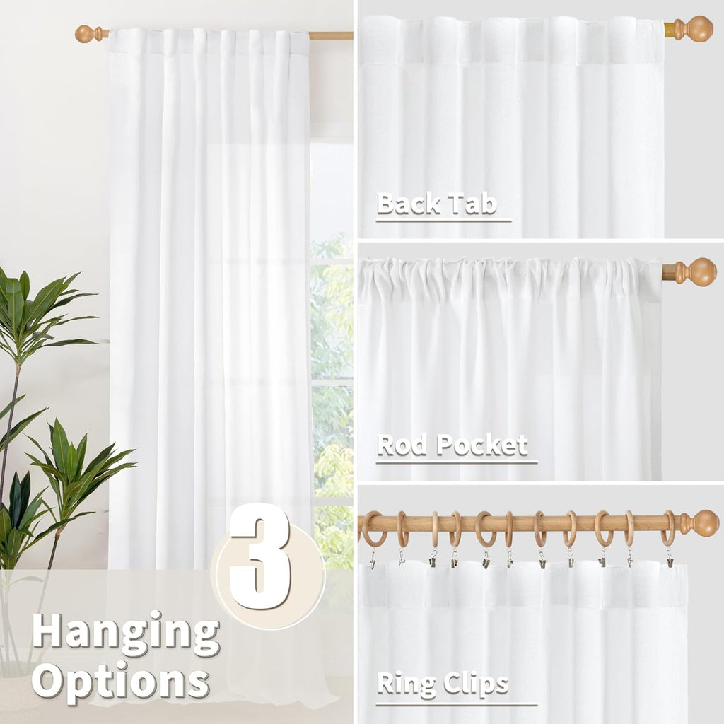 YoungsTex White Linen Semi Sheer Curtains 63 Inch Length for Short Window, Light Filtering Rod Pocket Drapes for Living Room Bedroom Office Rustic Country, 42 X 63 Inch, 2 Panels