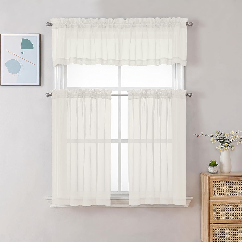 Chyhomenyc Sheer Ivory Valances for Windows 2 Pack, Small Window Curtains for Living Room Bathroom Cafe Laundry Basement, Modern Top Dual Rod Pocket Voile Curtain, 42W x 18L inches, Ivory