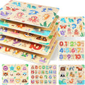 GRINNNIE Wooden Puzzles for Toddlers 3 4 5 Years Old, Montessori Toddler Toys 5PCS Peg Puzzles with Knob - Number, Alphabet, Shape, and Animal, Great Christmas Birthday Gifts for Boys Girls