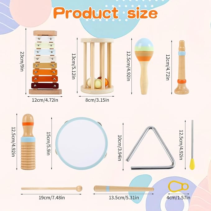 Baby Musical Instruments Neutral Colors Percussion Instruments Set Montessori Wooden Toys for Toddlers 1-3 with Xylophone for Kids Preschool Educational 3+ Wood Musical Toy 8pcs