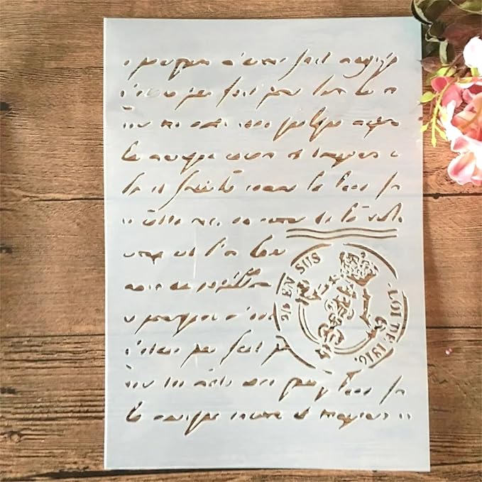 TIAMECH A4 Reusable Script Stamp Stencil for Painting - Vintage Paragraph Letters Layering Template, DIY Wall Art, Wood Furniture, Scrapbook & Crafts (8.3x11.7inch)