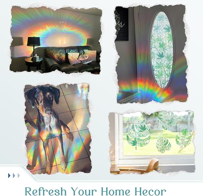 Haton Window Privacy Film, Decorative Stained Glass Window Clings, 3D UV Sun Blocking Sticker, Removable Static Cling Heat Control Tint for Home Door, Leaf Rainbow, 35.4" x 78.7" Non-Adhesive