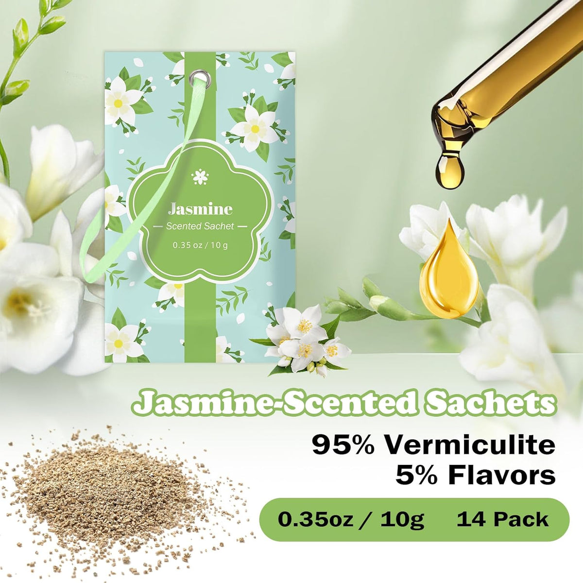 SCENTORINI Scented Sachets for Drawers and Closets, Jasmine Scent 14 Pack, Long-Lasting Sachets Bags Wardrobe Freshener, for Drawers, Closets, Cars