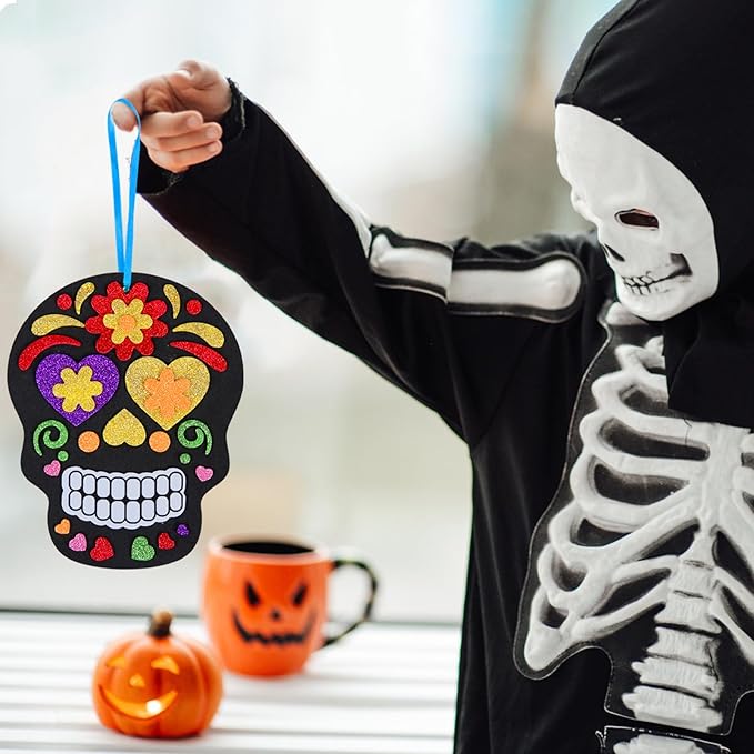 Fennoral 12 Pack Day of The Dead Craft Kits for Kids Make You Own Skull Foam Stickers Ornament DIY Arts and Crafts for Girls Boys Halloween Party Favors Supplies Halloween Decoration
