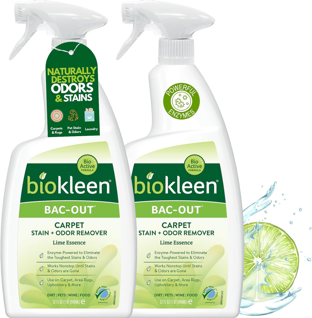 Biokleen Bac-Out Carpet Cleaner Spray, Stain Remover and Odor Eliminator, Use on Area Rugs, Upholstery & More, Removes Dirt, Pets, Wine & Food, Lime Scent, 32 oz, 2 Pack