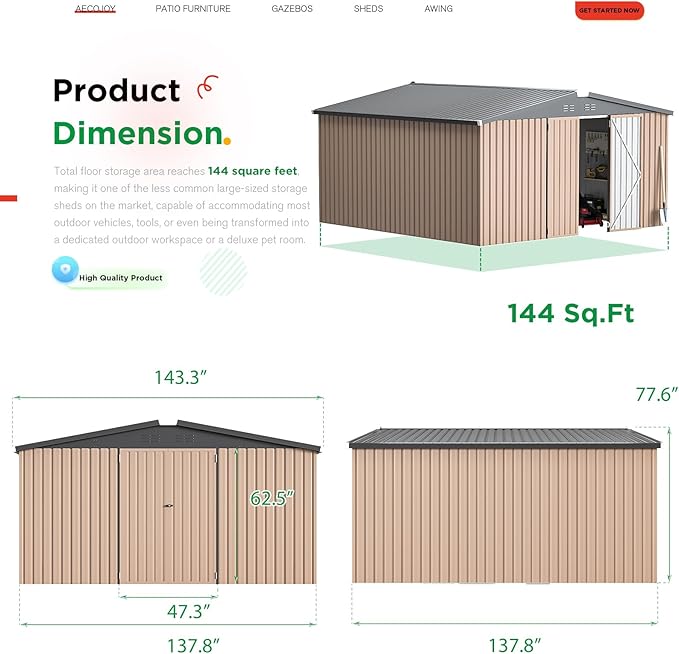 AECOJOY 12' x 12' Shed Metal, Outdoor Storage Sheds & Outdoor Storage 12' x 12' with Lockable Doors, Large Steel Yard Shed, Utility and Tool Storage for Garden, Backyard, Patio, Outside use in Grey