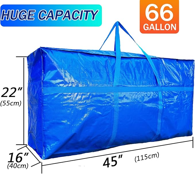66 Gallon Extra Large Storage Bags, Huge Moving Bags Heavy Duty with Zipper and Stronger Handles, Big Foldable Duffle Bag for Travel, Storage Totes Moving Boxes for College, Christmas Tree,Blue,2 Pack