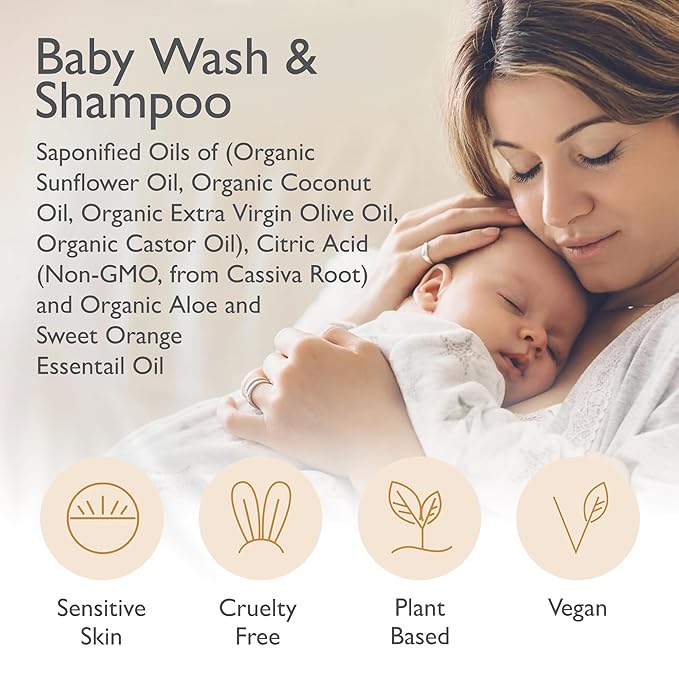 SoCal Suds & Company Baby Shampoo & Body Wash, 2-in-1 Organic Gel - Gentle Castile Soap with Vitamin-Infused Oils & Botanicals - Natural Care for Sensitive Skin Hypoallergenic - 12oz Sweet Orange