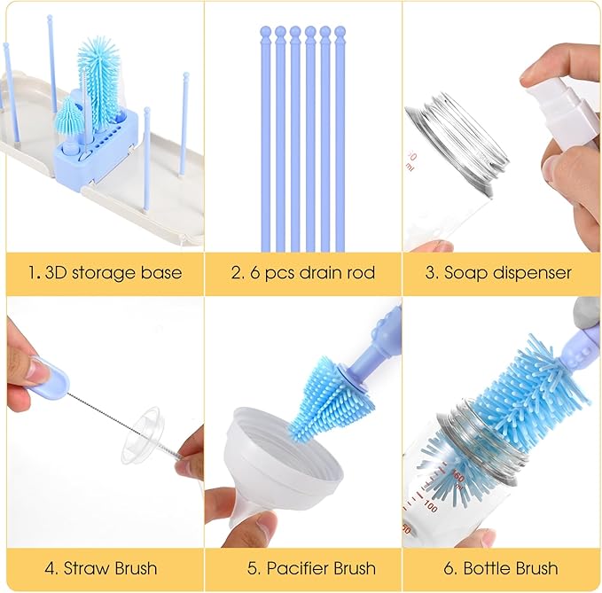 Portable Baby Bottle Brush Set - 7 in 1 Baby Bottle Cleaner Kit, Baby Travel Essential Bottle Washing Kit with Silicone Bottle Brush, Nipple Brush, Straw Brush, Drying Rack for Home and Travel (Blue)