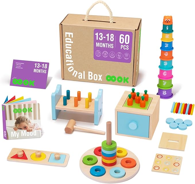 TOOKYLAND Montessori Toys for 1 Year Old, 8 in 1 Learning Educational Set Wooden Toys (Includes Stacking Cups, 3-in-1 Educational Box, Pound Bench, Shape Puzzle and More)